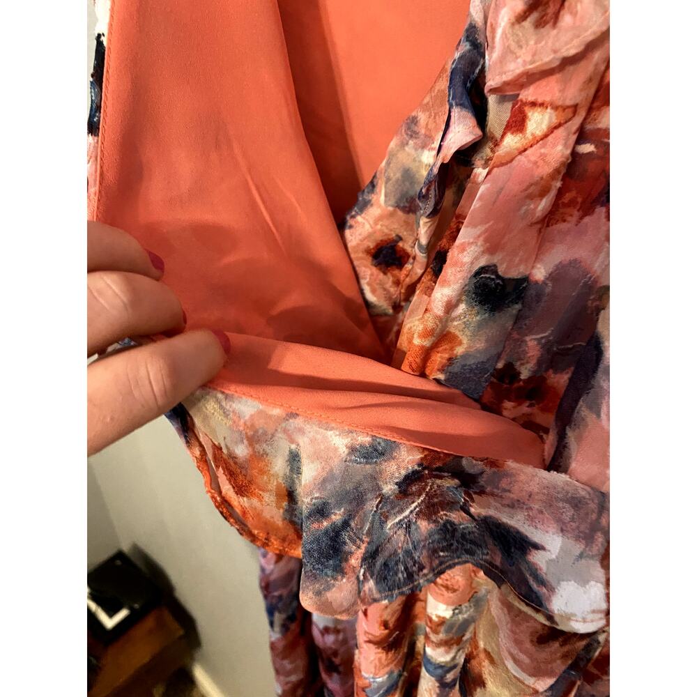 Cupio Womens Large Floral Faux Wrap Dress Coral Ruffle Wedding Vacation - Picture 4 of 8